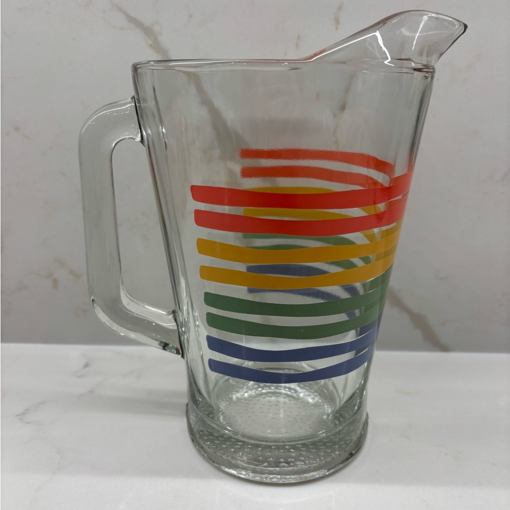 Vintage Colorful Rainbow Striped Heavy Glass Pitcher with Ice Lip USA 60 oz